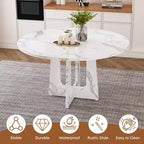 Table à manger ronde de 47 pouces pour 4 personnes, table de ferme en MDF avec finition marbre blanc, capacité de 300 lb, assemblage facile pour salle à manger, cuisine, salon