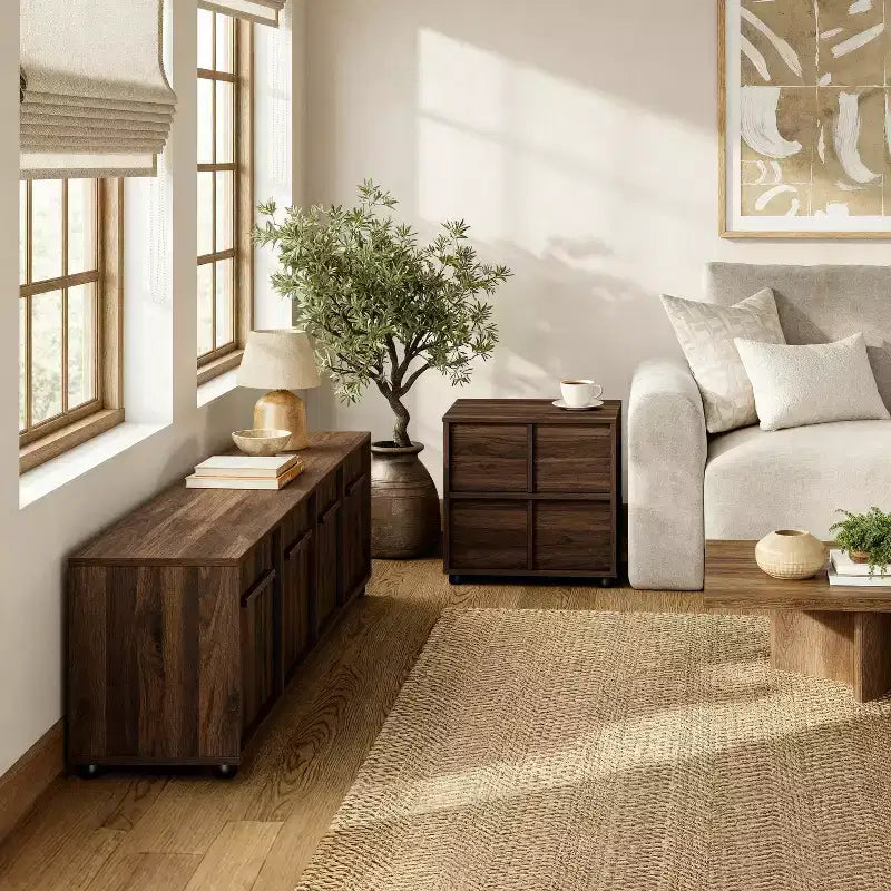 LuxenHome Table de chevet et table d'appoint 21,65 po noyer avec deux tiroirs de rangement en bois manufacturé durable marron