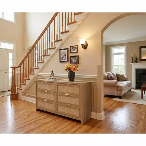 Commode à 6 tiroirs avec façade en rotin, 144 cm de large, Commode à 3 tiroirs avec roulettes, Armoire de rangement en bois épais et robuste pour chambre à coucher, salon