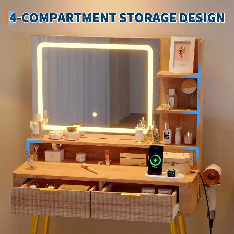 Coiffeuse avec miroir lumineux, coiffeuse LED 80 cm avec 2 tiroirs, 3 modes d'éclairage, coiffeuse cannelée avec station de recharge