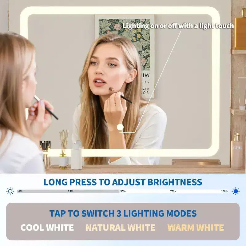 Coiffeuse avec miroir lumineux, coiffeuse LED 80 cm avec 2 tiroirs, 3 modes d'éclairage, coiffeuse cannelée avec station de recharge