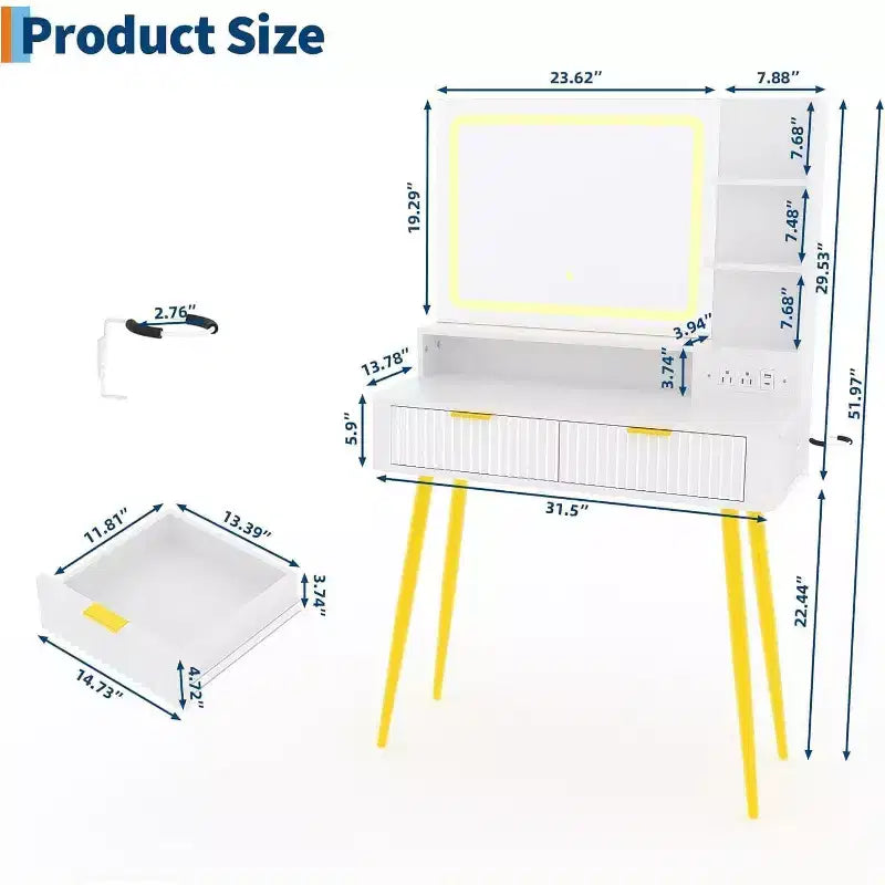 Coiffeuse avec miroir lumineux, coiffeuse LED 80 cm avec 2 tiroirs, 3 modes d'éclairage, coiffeuse cannelée avec station de recharge