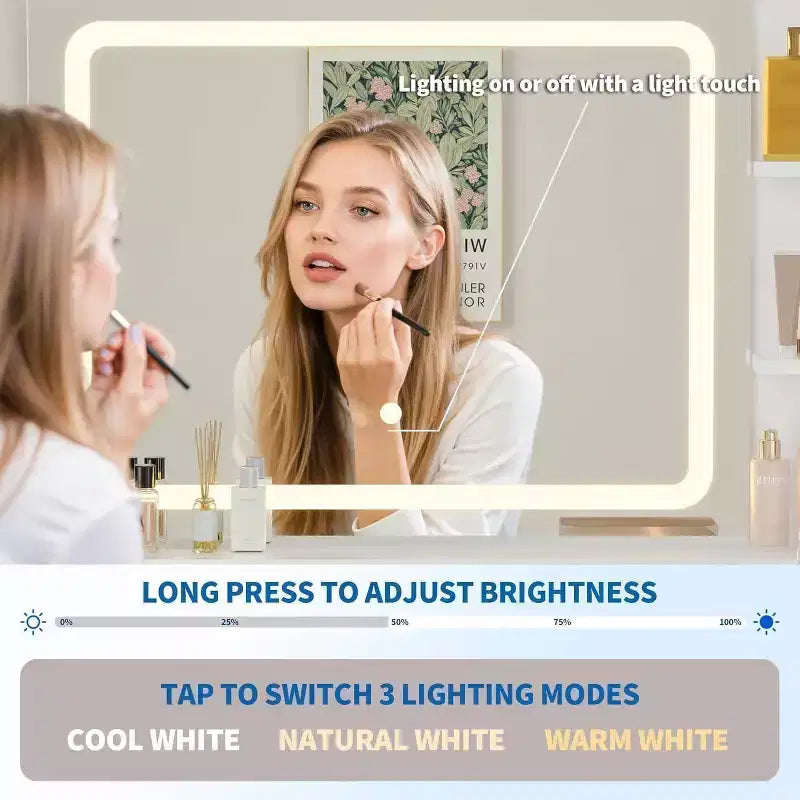 Coiffeuse avec miroir lumineux, coiffeuse LED 80 cm avec 2 tiroirs, 3 modes d'éclairage, coiffeuse cannelée avec station de recharge
