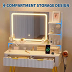 Coiffeuse avec miroir lumineux, coiffeuse LED 80 cm avec 2 tiroirs, 3 modes d'éclairage, coiffeuse cannelée avec station de recharge