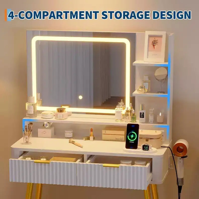 Coiffeuse avec miroir lumineux, coiffeuse LED 80 cm avec 2 tiroirs, 3 modes d'éclairage, coiffeuse cannelée avec station de recharge