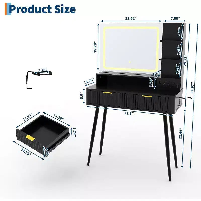Coiffeuse avec miroir lumineux, coiffeuse LED 80 cm avec 2 tiroirs, 3 modes d'éclairage, coiffeuse cannelée avec station de recharge