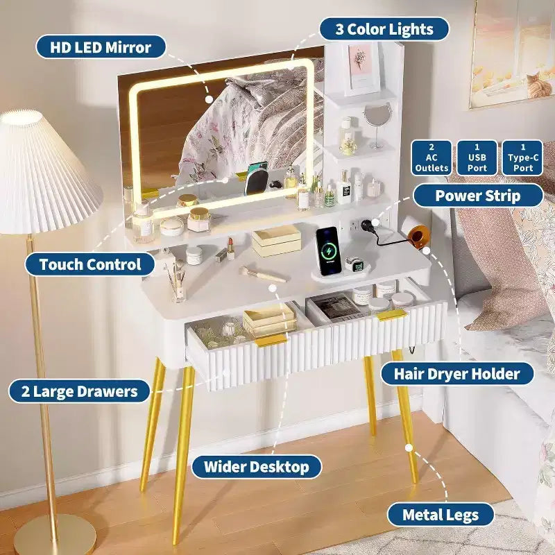 Coiffeuse avec miroir lumineux, coiffeuse LED 80 cm avec 2 tiroirs, 3 modes d'éclairage, coiffeuse cannelée avec station de recharge