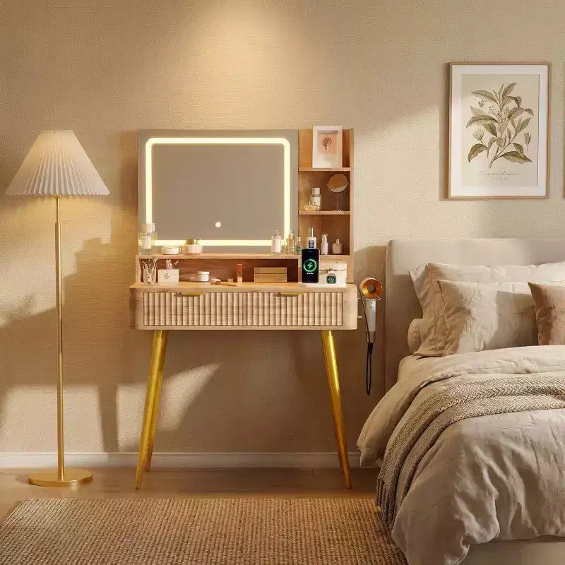 Coiffeuse avec miroir lumineux, coiffeuse LED 80 cm avec 2 tiroirs, 3 modes d'éclairage, coiffeuse cannelée avec station de recharge