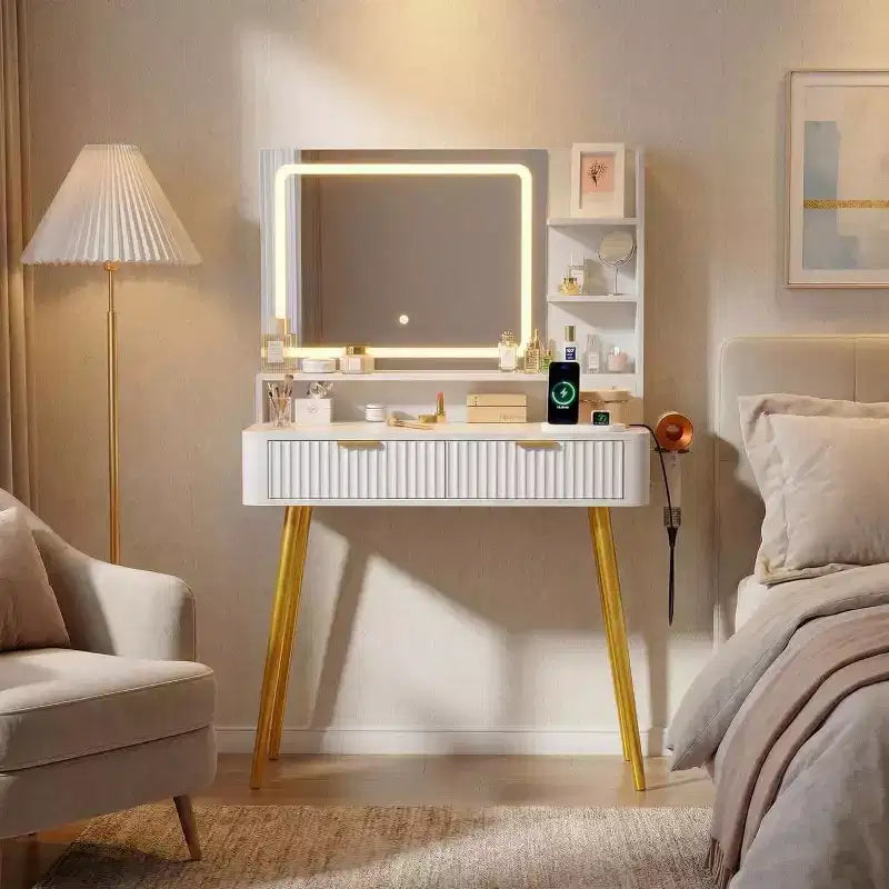 Coiffeuse avec miroir lumineux, coiffeuse LED 80 cm avec 2 tiroirs, 3 modes d'éclairage, coiffeuse cannelée avec station de recharge