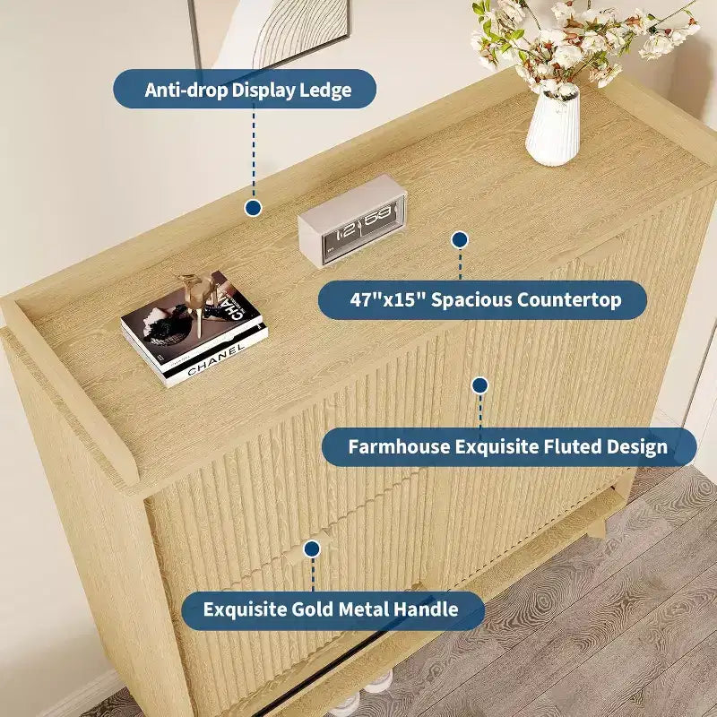 Meuble à chaussures cannelé, range-chaussures étroit autoportant Organisateur de rangement en bois avec porte coulissante et 2 tiroirs et étagères réglables pour la maison