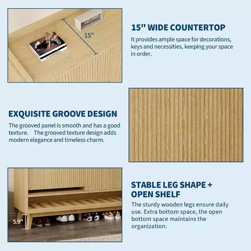 Meuble à chaussures cannelé, range-chaussures étroit autoportant Organisateur de rangement en bois avec porte coulissante et 2 tiroirs et étagères réglables pour la maison
