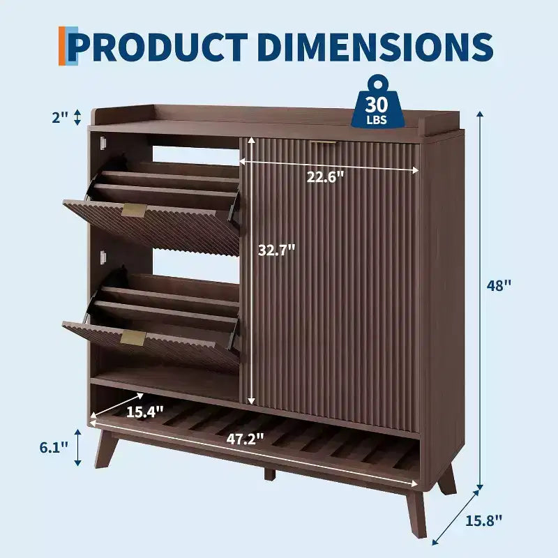 Meuble à chaussures cannelé, range-chaussures étroit autoportant Organisateur de rangement en bois avec porte coulissante et 2 tiroirs et étagères réglables pour la maison