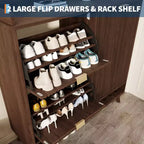Meuble à chaussures cannelé, range-chaussures étroit autoportant Organisateur de rangement en bois avec porte coulissante et 2 tiroirs et étagères réglables pour la maison