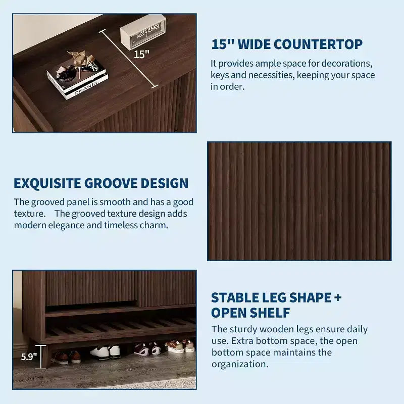 Meuble à chaussures cannelé, range-chaussures étroit autoportant Organisateur de rangement en bois avec porte coulissante et 2 tiroirs et étagères réglables pour la maison