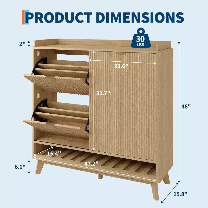 Meuble à chaussures cannelé, range-chaussures étroit autoportant Organisateur de rangement en bois avec porte coulissante et 2 tiroirs et étagères réglables pour la maison