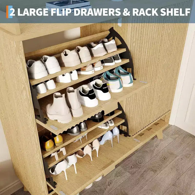 Meuble à chaussures cannelé, range-chaussures étroit autoportant Organisateur de rangement en bois avec porte coulissante et 2 tiroirs et étagères réglables pour la maison