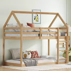 Lit superposé cabane jumeau sur jumeau pour enfants et adolescents, cadre de lit superposé en bois avec barrières de sécurité et échelle