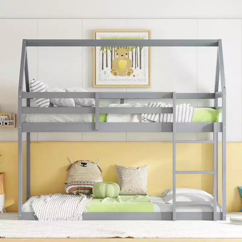 Lit superposé cabane jumeau sur jumeau pour enfants et adolescents, cadre de lit superposé en bois avec barrières de sécurité et échelle