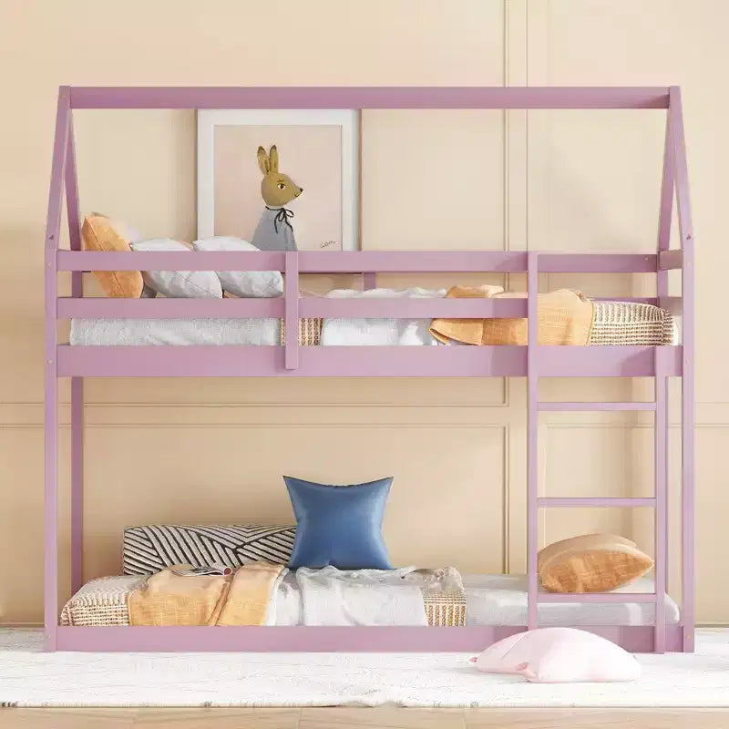 Lit superposé cabane jumeau sur jumeau pour enfants et adolescents, cadre de lit superposé en bois avec barrières de sécurité et échelle