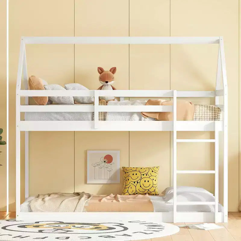 Lit superposé cabane jumeau sur jumeau pour enfants et adolescents, cadre de lit superposé en bois avec barrières de sécurité et échelle