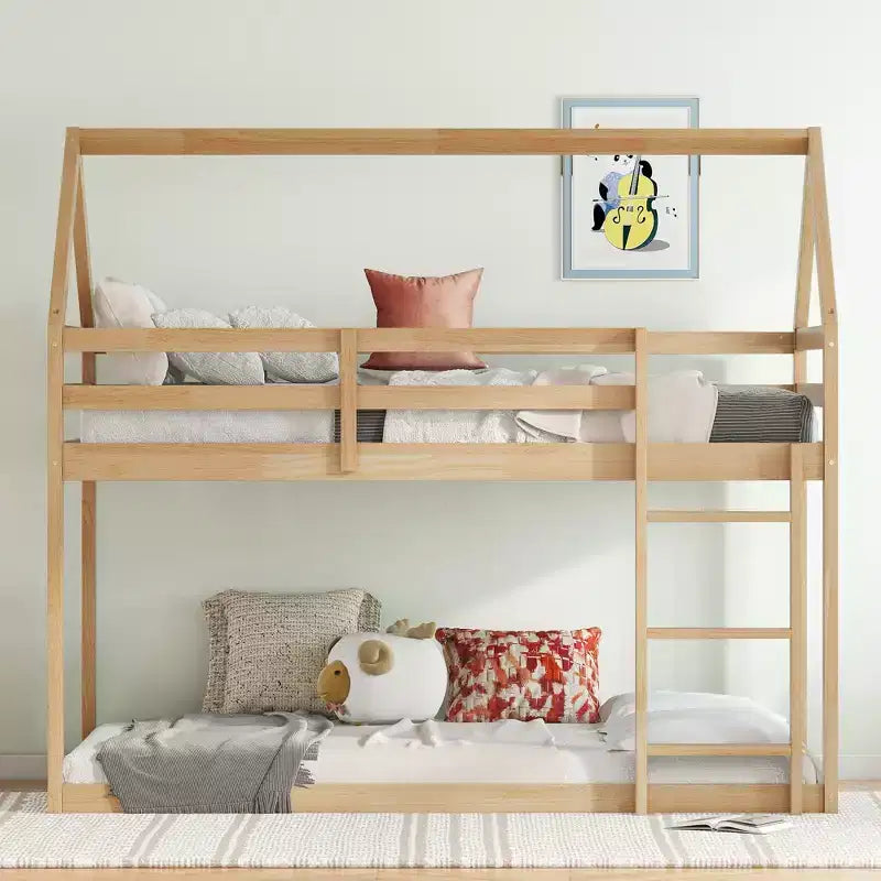 Lit superposé cabane jumeau sur jumeau pour enfants et adolescents, cadre de lit superposé en bois avec barrières de sécurité et échelle