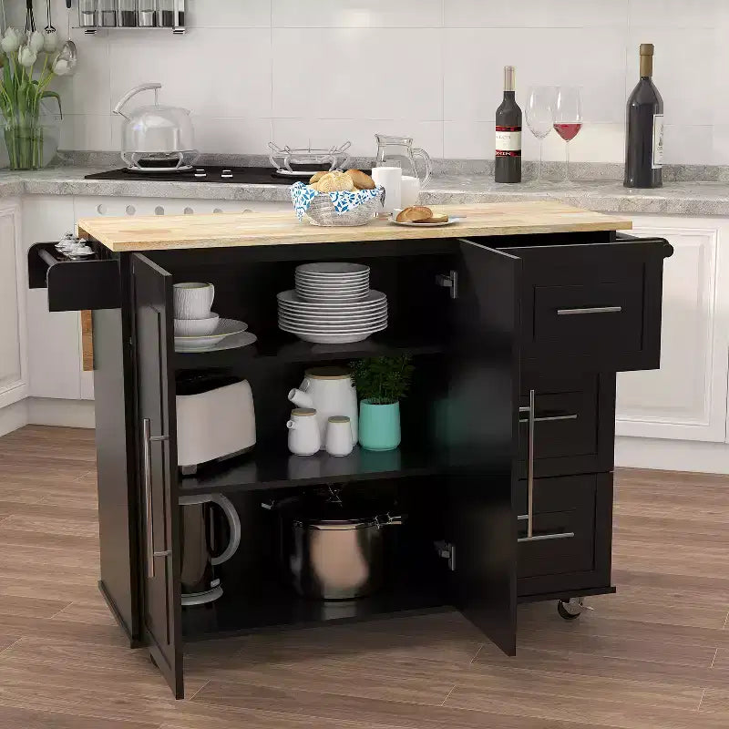 JVNOXK Îlot de cuisine avec range-épices, porte-serviettes et plateau extensible en bois massif, roulettes verrouillables et espace de rangement, noir