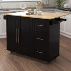 JVNOXK Îlot de cuisine avec range-épices, porte-serviettes et plateau extensible en bois massif, roulettes verrouillables et espace de rangement, noir