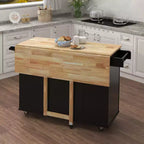 JVNOXK Îlot de cuisine avec range-épices, porte-serviettes et plateau extensible en bois massif, roulettes verrouillables et espace de rangement, noir