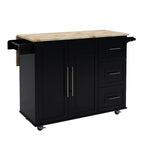 JVNOXK Îlot de cuisine avec range-épices, porte-serviettes et plateau extensible en bois massif, roulettes verrouillables et espace de rangement, noir