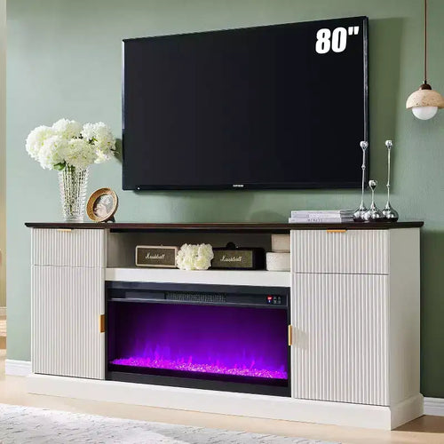70 Fluted Fireplace TV Stand for 80 TVs, Modern Entertainment Center w/36 Electric Fireplace, Wood Media TV Console Table w/Storage