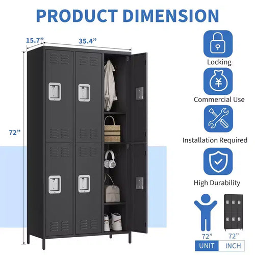 Casier de rangement à 6 portes pour employés de bureau, casier de rangement en métal à combinaison, casier en métal verrouillable pour employés avec porte, casiers de rangement industriels