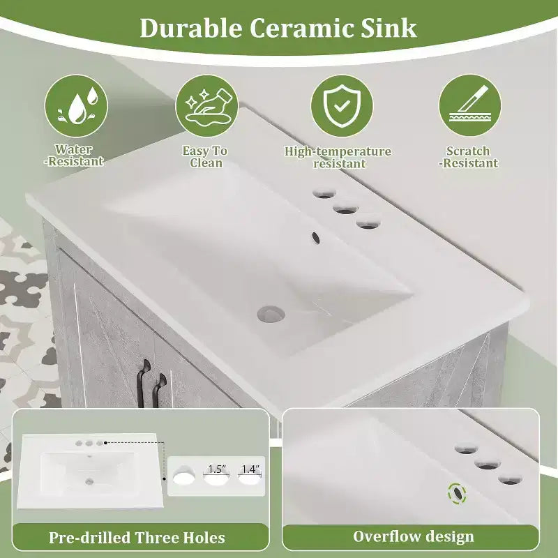 Meuble de salle de bain 60 cm avec lavabo en céramique et porte à fermeture douce - Rangement compact pour petites salles de bain