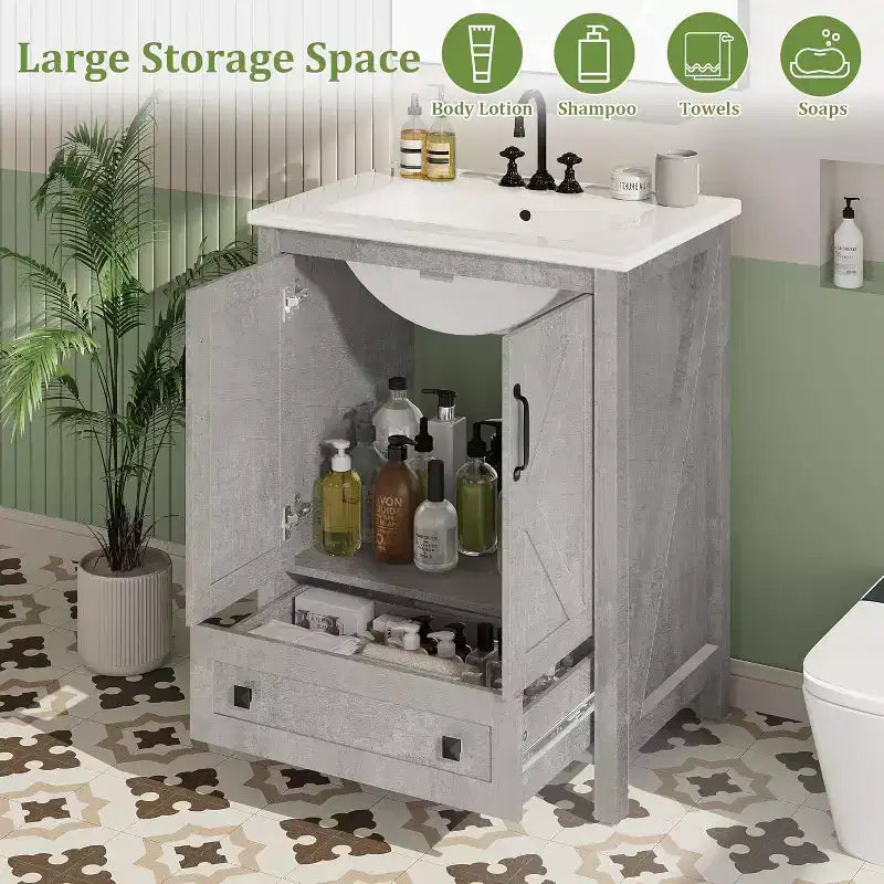 Meuble de salle de bain 60 cm avec lavabo en céramique et porte à fermeture douce - Rangement compact pour petites salles de bain