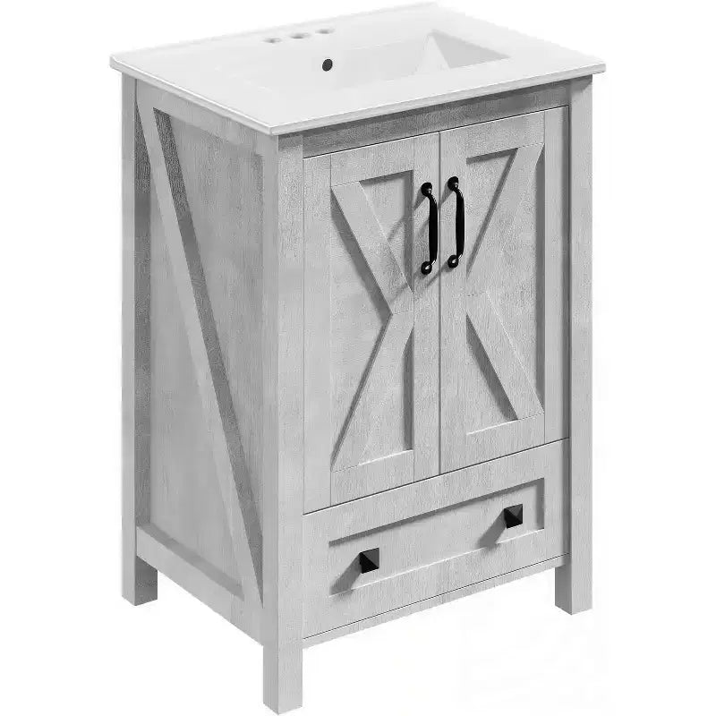 Meuble de salle de bain 60 cm avec lavabo en céramique et porte à fermeture douce - Rangement compact pour petites salles de bain