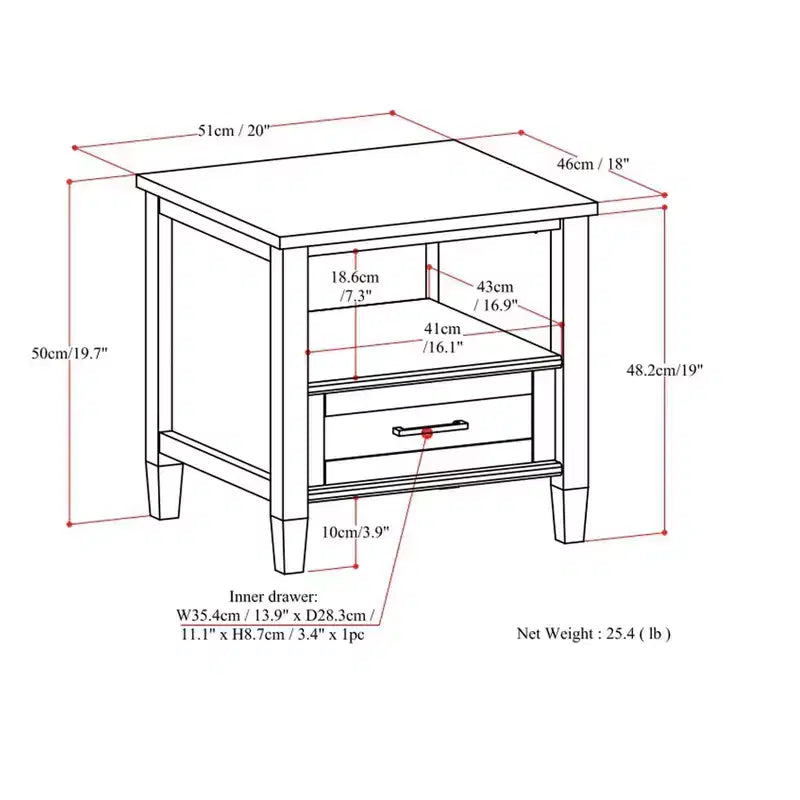Table d'appoint rectangulaire de transition Cantina en BOIS MASSIF de 20 pouces de large