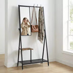 Porte-manteau avec miroir et meuble à chaussures, porte-manteau d'entrée industriel avec cadre en aluminium, organisateur d'entrée pour salon et chambre, marron rustique et noir