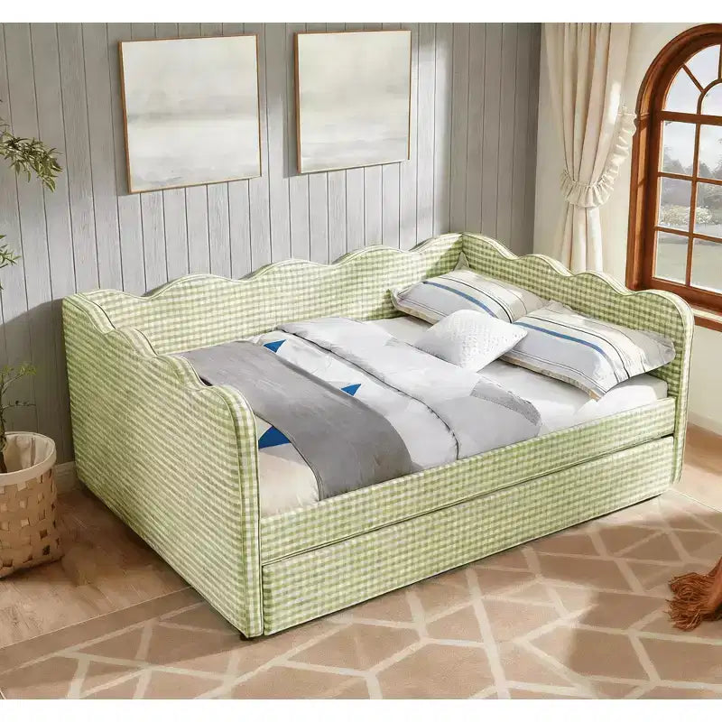 Bellemave Lit de repos double à carreaux vichy avec port USB et lit gigogne coulissant, Cadre de lit en forme de vague pour chambre et salon.