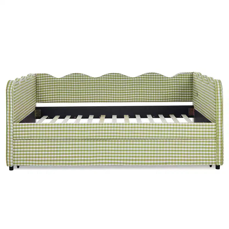 Bellemave Lit de repos double à carreaux vichy avec port USB et lit gigogne coulissant, Cadre de lit en forme de vague pour chambre et salon.