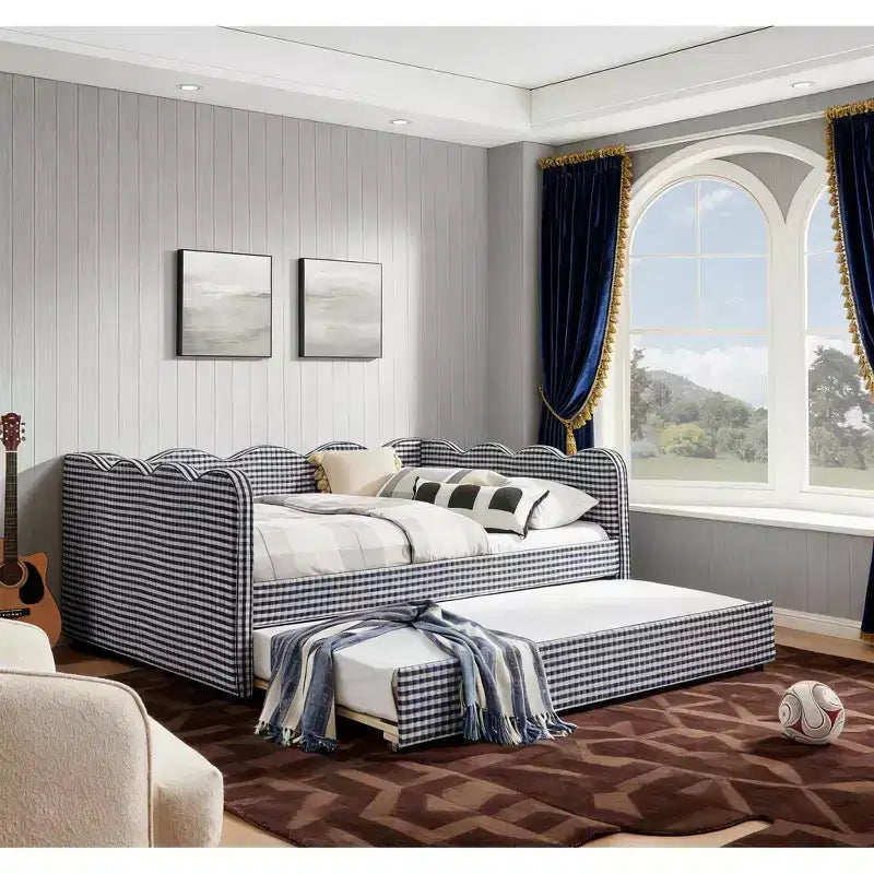 Bellemave Lit de repos double à carreaux vichy avec port USB et lit gigogne coulissant, Cadre de lit en forme de vague pour chambre et salon.