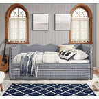 Bellemave Lit de repos double à carreaux vichy avec port USB et lit gigogne coulissant, Cadre de lit en forme de vague pour chambre et salon.