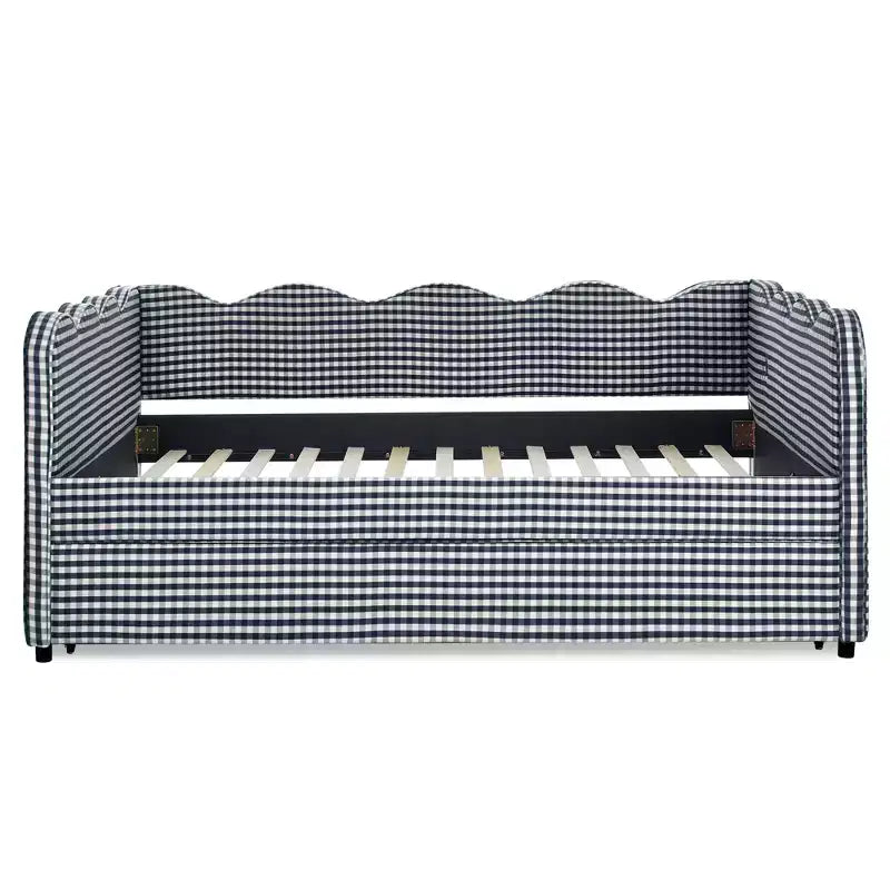 Bellemave Lit de repos double à carreaux vichy avec port USB et lit gigogne coulissant, Cadre de lit en forme de vague pour chambre et salon.