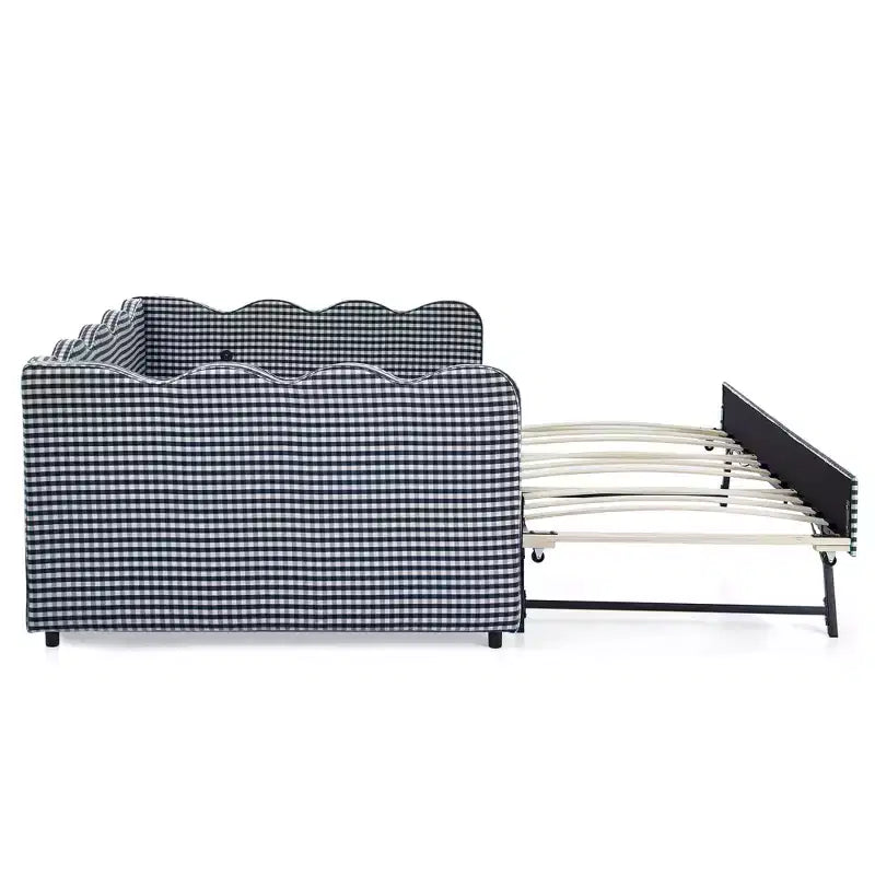 Bellemave Lit de repos double à carreaux vichy avec port USB et lit gigogne coulissant, Cadre de lit en forme de vague pour chambre et salon.