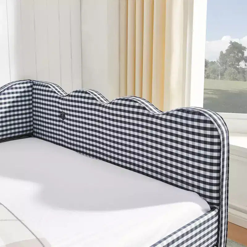 Bellemave Lit de repos double à carreaux vichy avec port USB et lit gigogne coulissant, Cadre de lit en forme de vague pour chambre et salon.