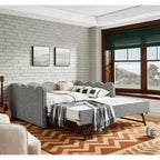 Bellemave Lit de repos double à carreaux vichy avec port USB et lit gigogne coulissant, Cadre de lit en forme de vague pour chambre et salon.
