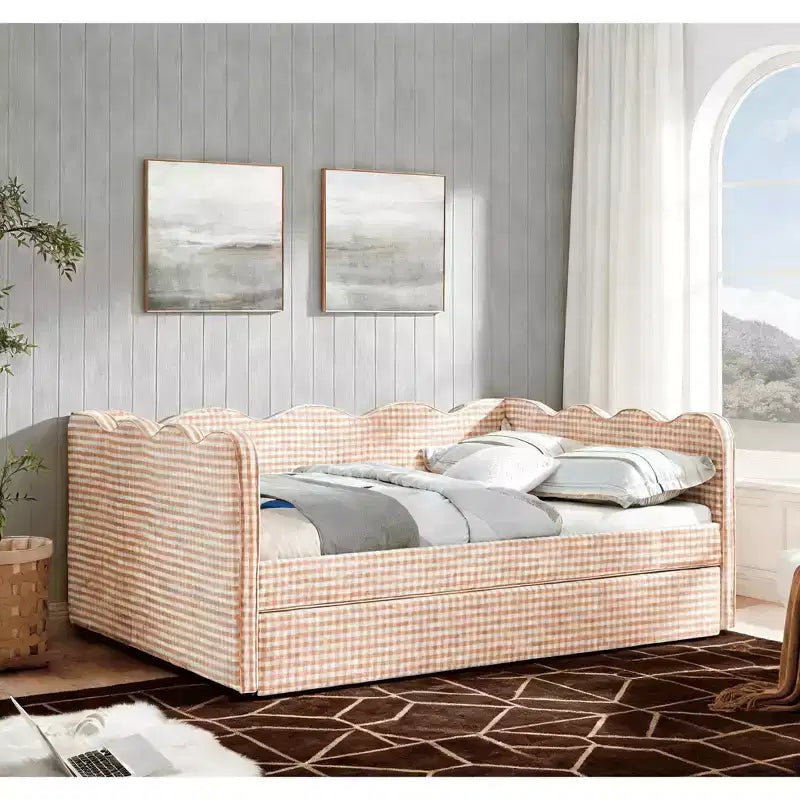Bellemave Lit de repos double à carreaux vichy avec port USB et lit gigogne coulissant, Cadre de lit en forme de vague pour chambre et salon.