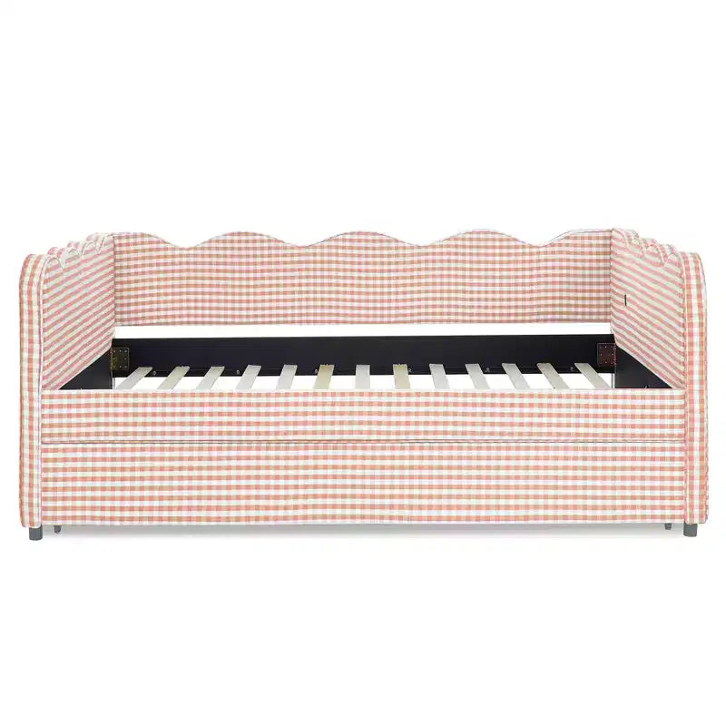 Bellemave Lit de repos double à carreaux vichy avec port USB et lit gigogne coulissant, Cadre de lit en forme de vague pour chambre et salon.