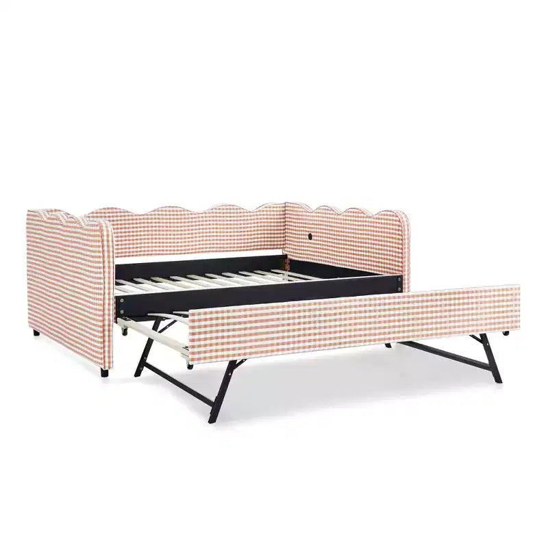 Bellemave Lit de repos double à carreaux vichy avec port USB et lit gigogne coulissant, Cadre de lit en forme de vague pour chambre et salon.
