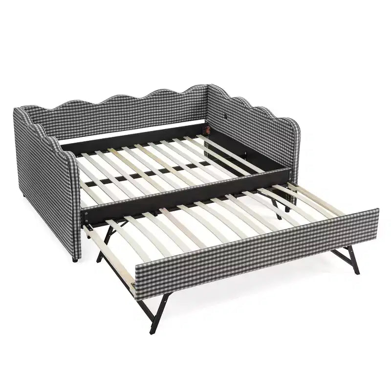 Bellemave Lit de repos double à carreaux vichy avec port USB et lit gigogne coulissant, Cadre de lit en forme de vague pour chambre et salon.