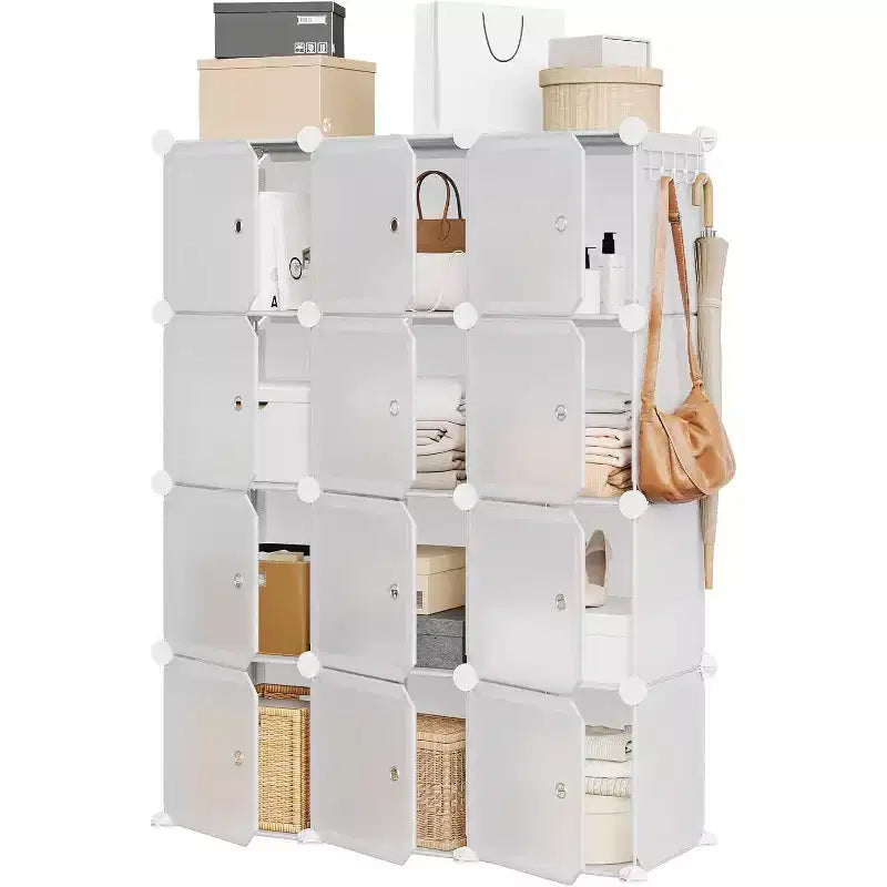 12 Cube Storage Organizer with Doors Modular Plastic Bookcase for Bedroom Living Room, White