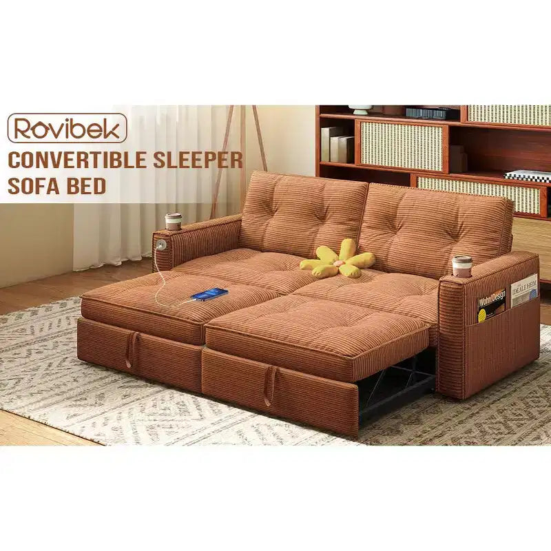 MooxvMoo 73 Canapé-lit convertible Queen Size avec couchage escamotable, poches et port USB, petit canapé 2 places moderne pour salon, orange